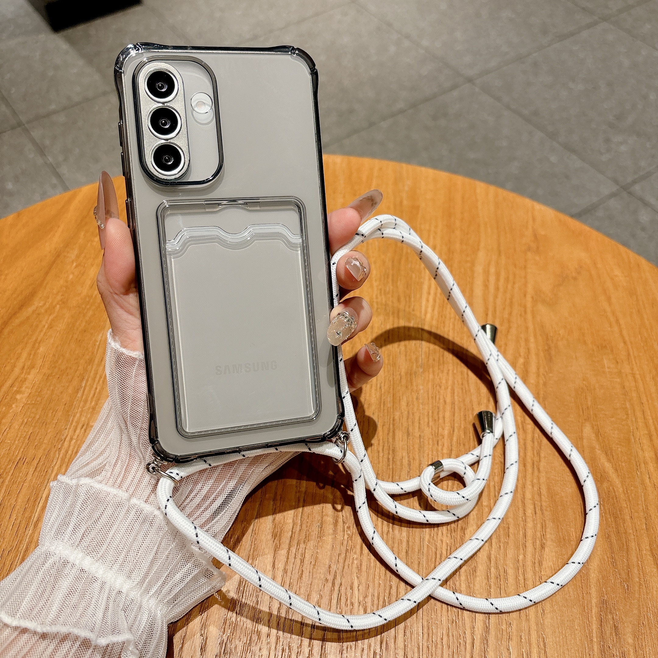 Phone Cases With Wallet - Light Gray Crossbody Strap Card Wallet