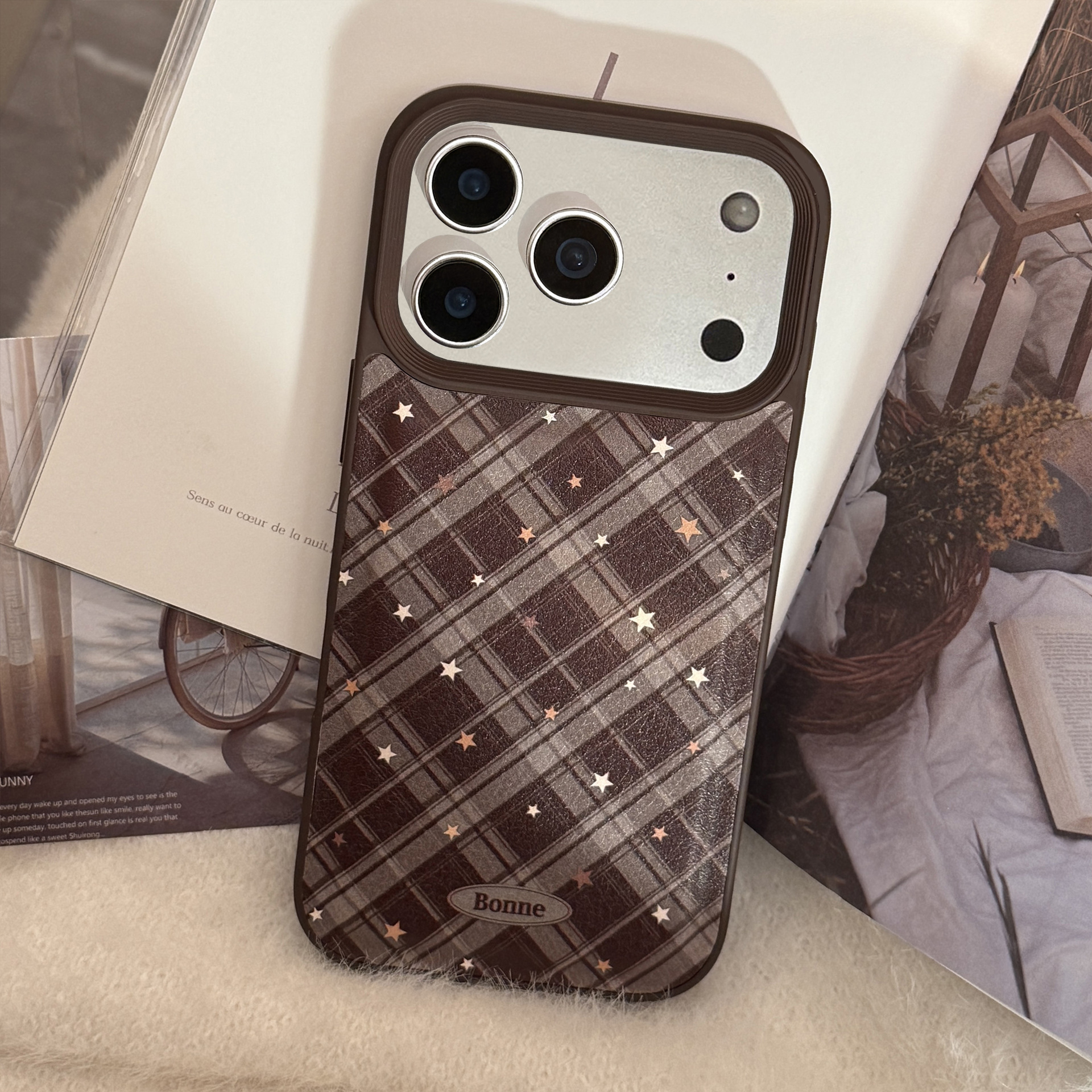 Phone Cases Leather - Korean Geometric Checkered Pattern Stars Leather