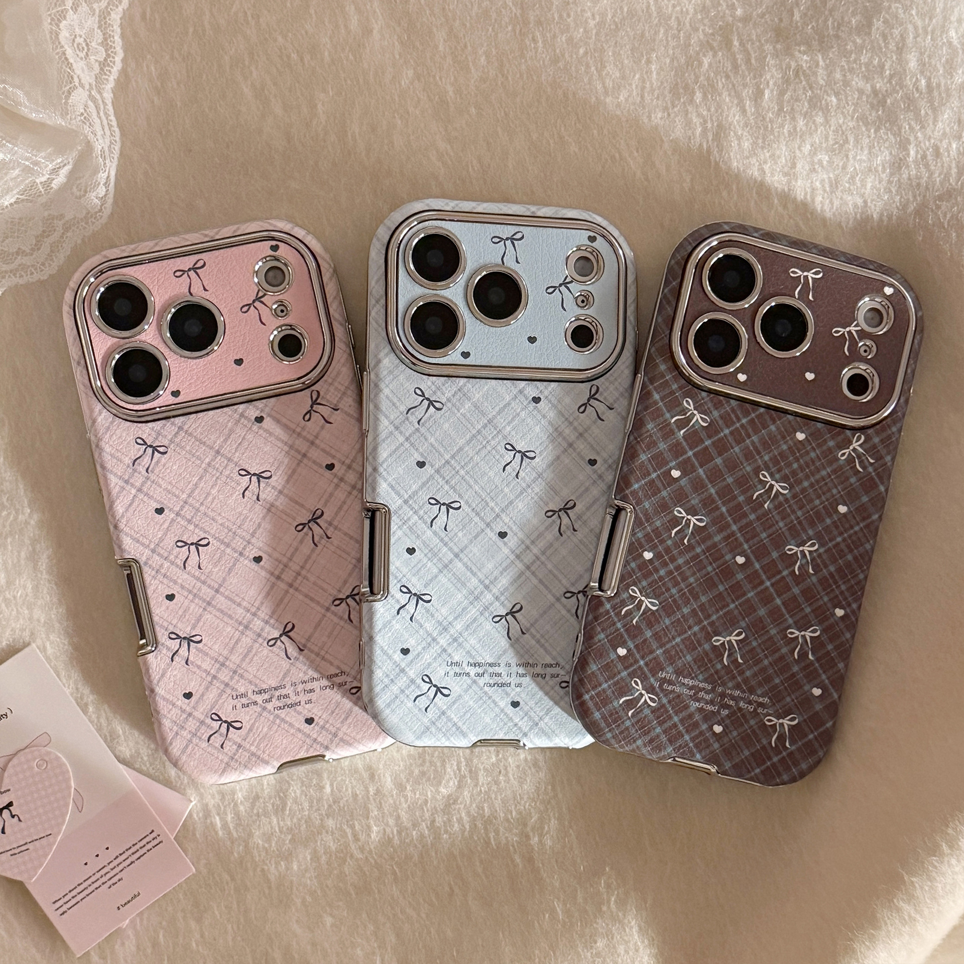 Phone Cases Leather - Korean Retro Plaid Grid Pattern Bowknot