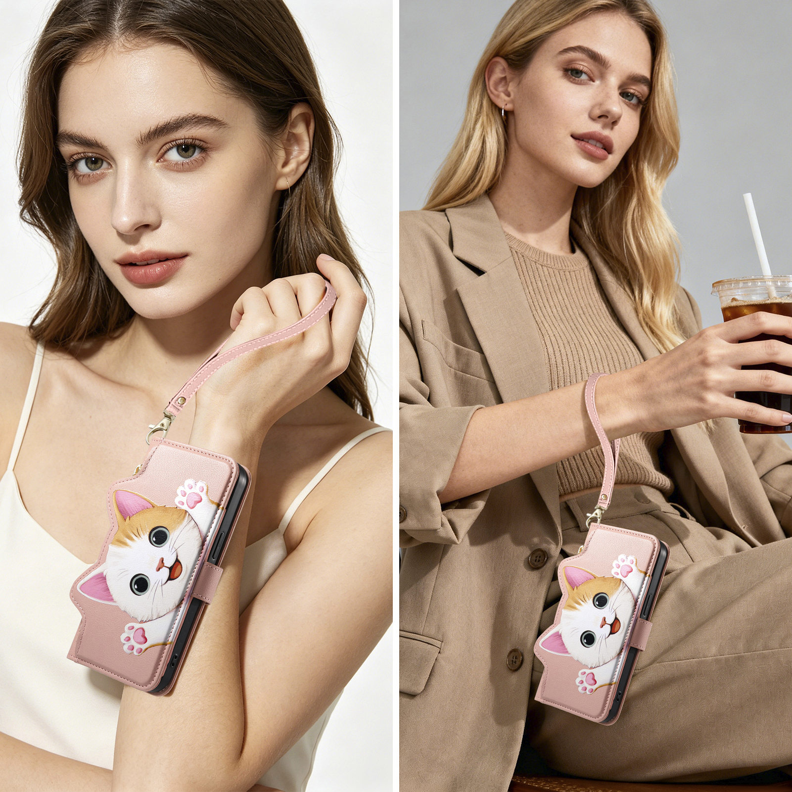 Cute Cat PU Leather Zipper Wri - Phone Cases With Wallet ulasan dan harga