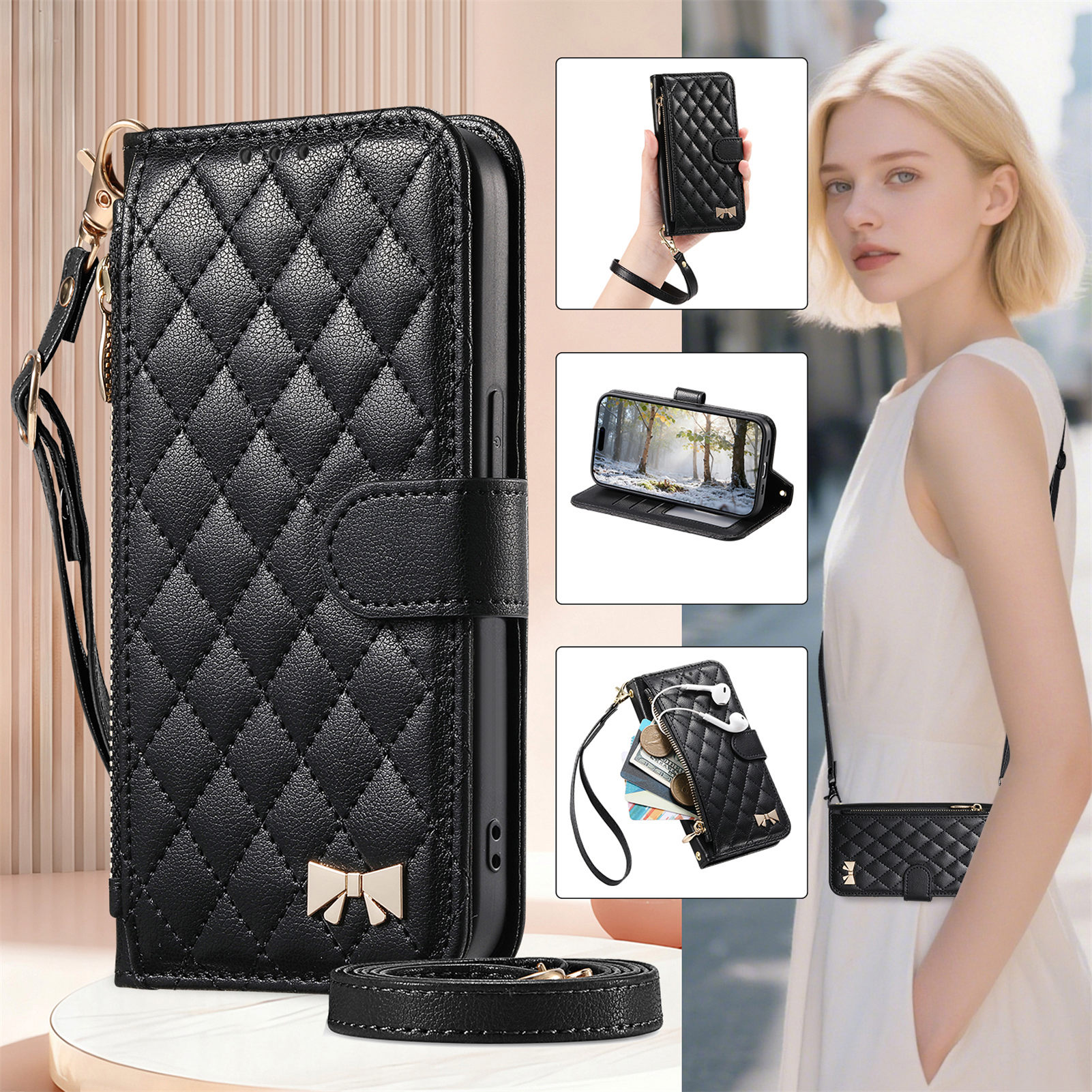 PU Leather Zipper Crossbody Fl - Phone Cases With Wallet ulasan dan harga